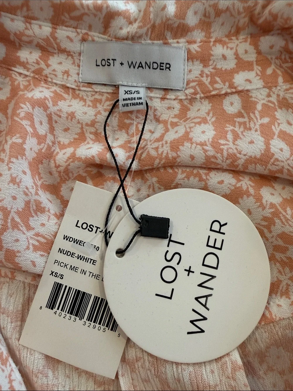 NWT-Lost + Wander Floral Button Front Mini Shirt Dress XS/S NWT Peach Whte Rayon - Picture 9 of 13